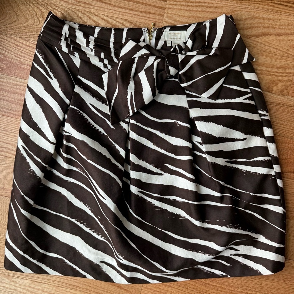 Kate Spade New York Zebra Print Skirt Kolette Bow Tie Waist, Size 8 Silk Cotton